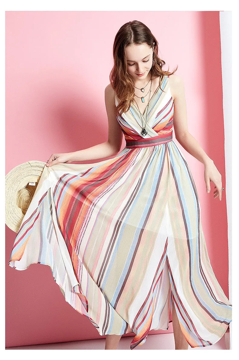 ARTKA WRAP FRONT MAXI DRESS IN MULTI STRIPE