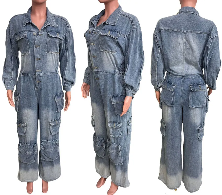 Denim Cargo Ruffle Sleeve Jumpsuit (Belt not included)