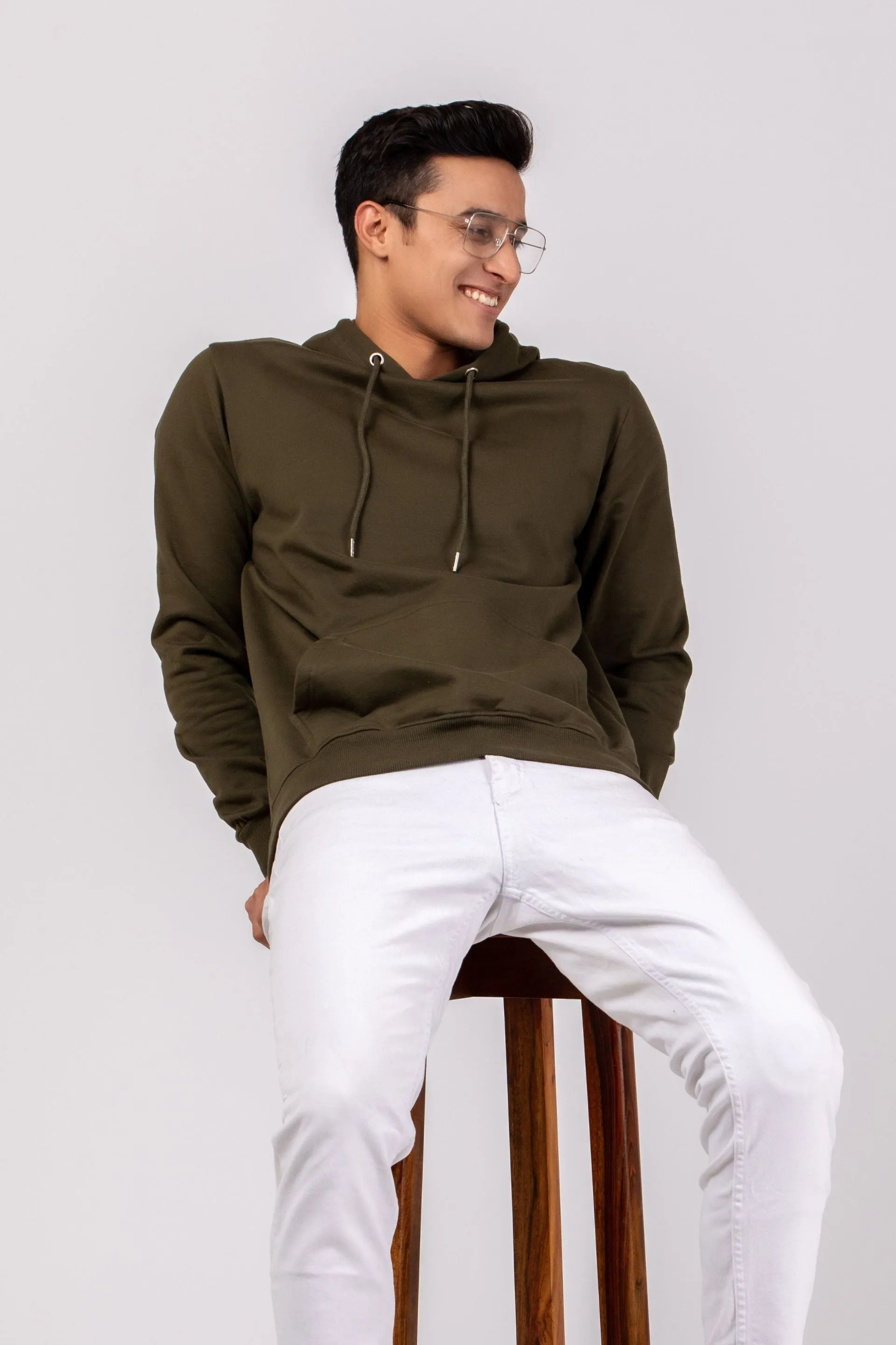 Firangi Yarn Super Soft Cotton Fern Olive Hoodie With Kangaroo Pockets