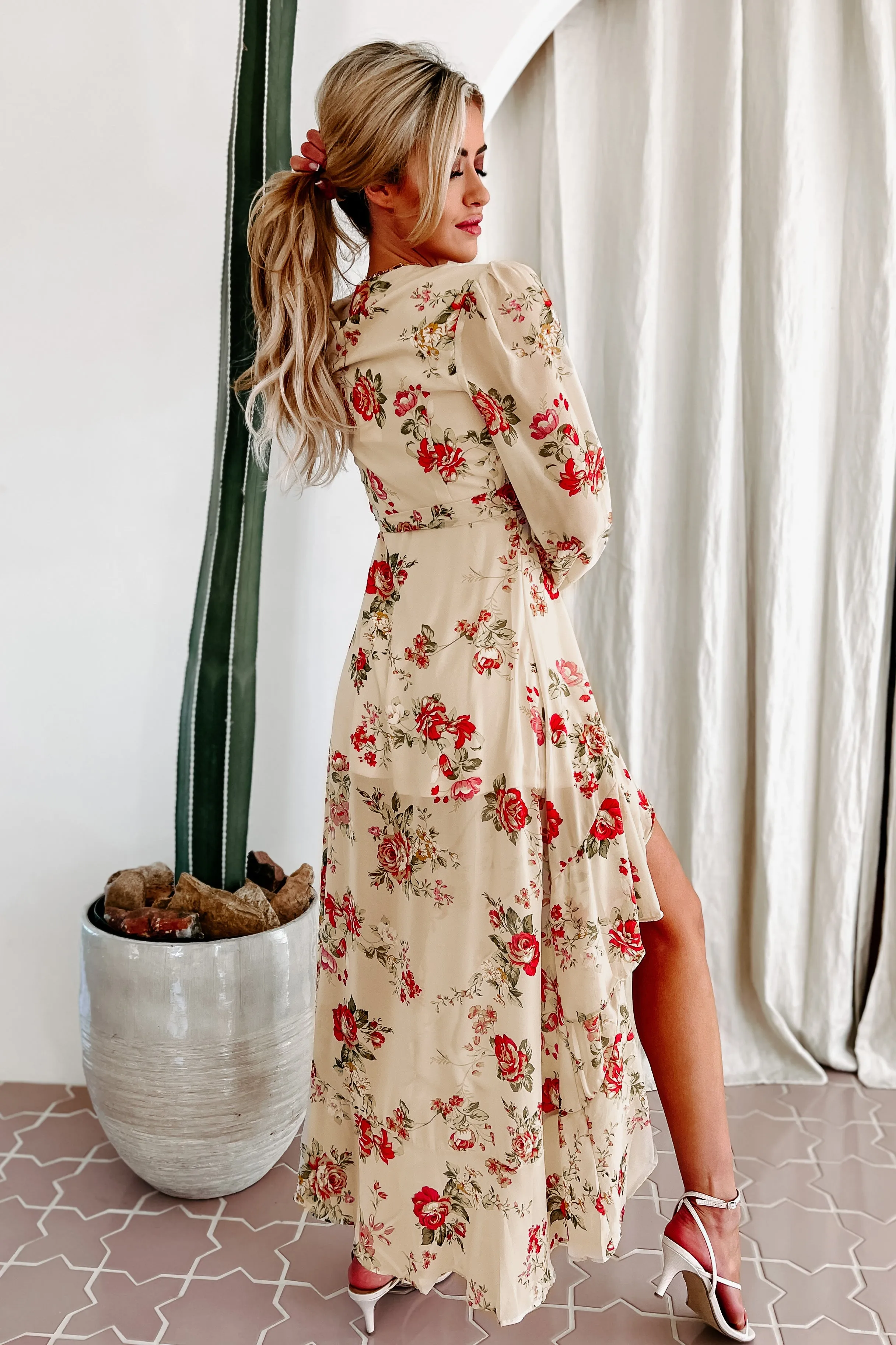 Noella High-Low Floral Wrap Dress (Cream)