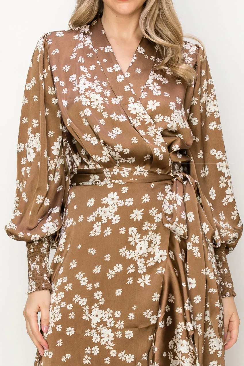 OL24A082-Satin V-Neck Wrap Unbalanced Maxi Dress