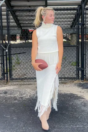 On the Road Ivory Fringe Knit Maxi Skirt