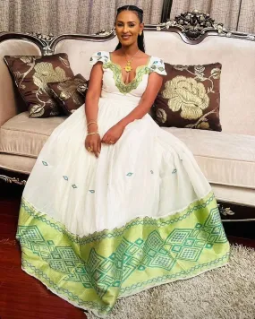 Polished Look with Green Habesha Dress: Short Sleeved Simple Ethiopian Traditional Dress Timeless Habesha Kemis